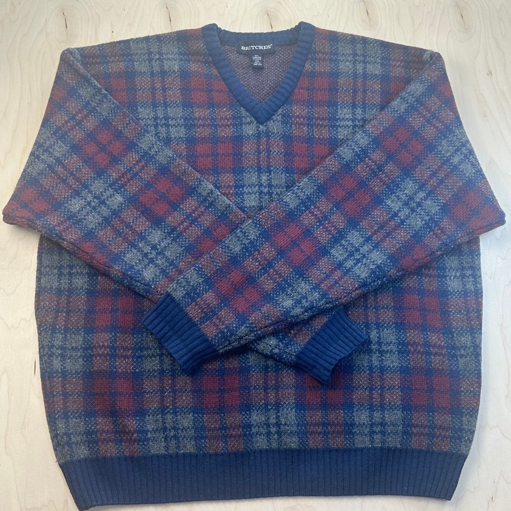 Britches XXL V-Neck Sweater‎ Mens Plaid Lambs Wool Blend Red Blue Gray Pattern